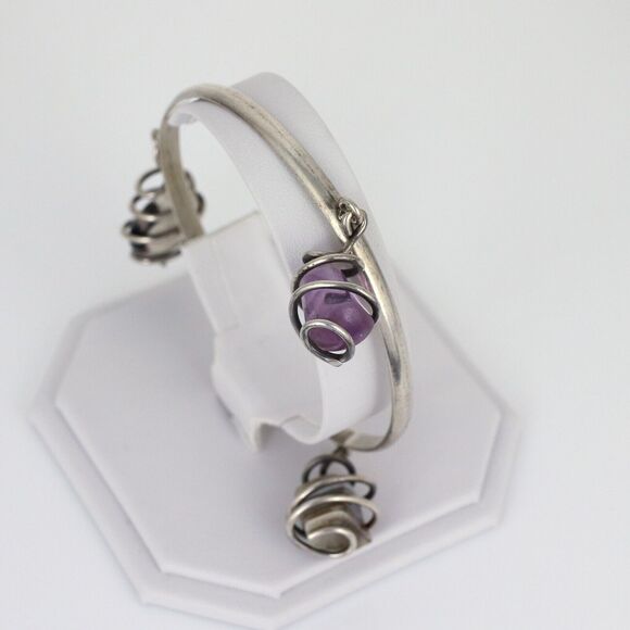 Vintage Sterling Silver 925 Purple Amethyst Agate Dangle Crystal Bangle 8.5" - Picture 4 of 12